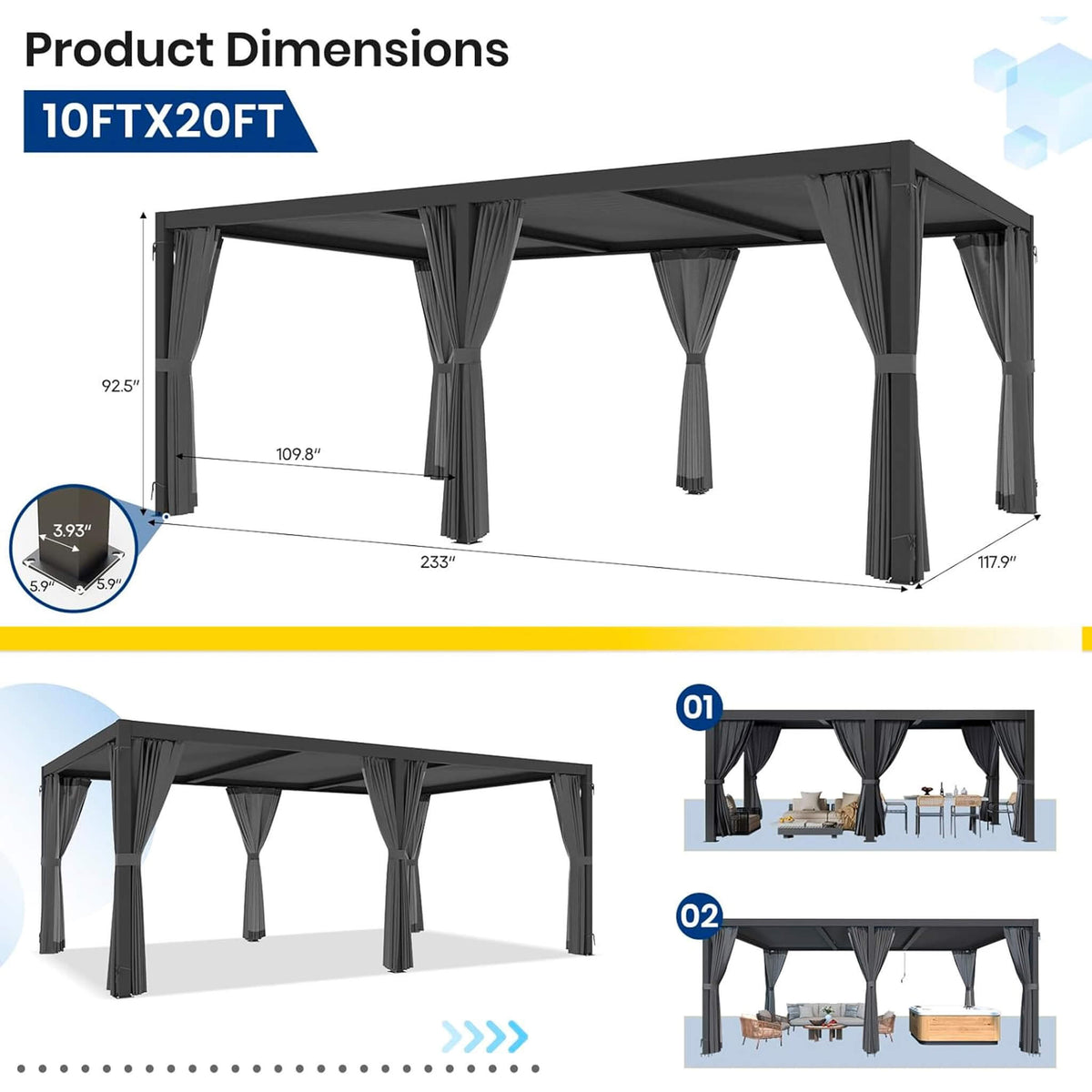 20' x 10' Premium Aluminum Louvered Pergola with Curtains and Netting