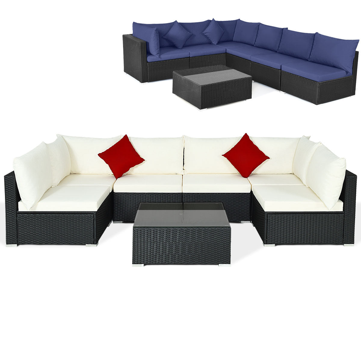 7 Pieces Sectional Wicker Furniture Sofa Set with Tempered Glass Top