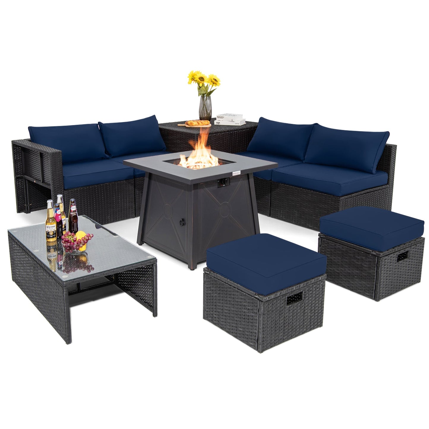 9 Piece Weatherproof Rattan Patio Conversation Set with 30 Inches Propane Fire Pit Table and Dust Covers