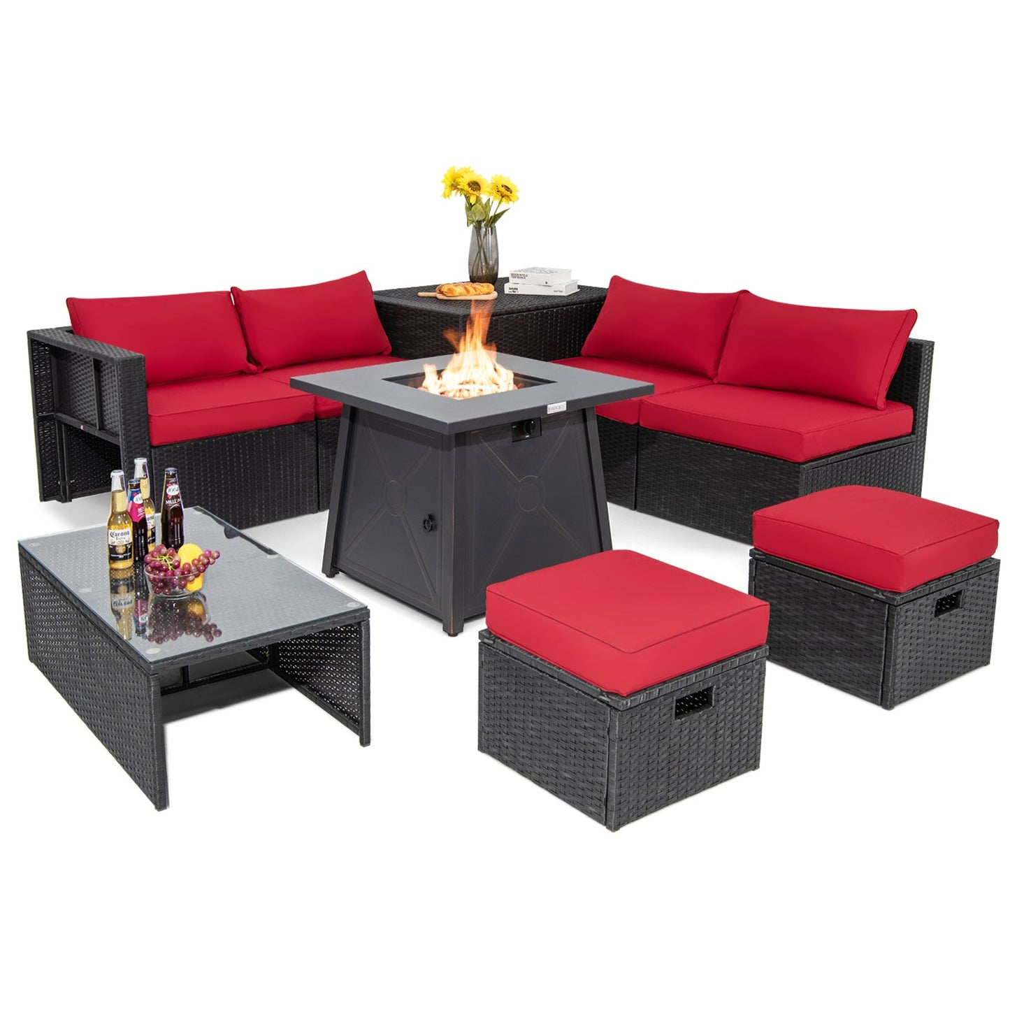 9 Piece Weatherproof Rattan Patio Conversation Set with 30 Inches Propane Fire Pit Table and Dust Covers