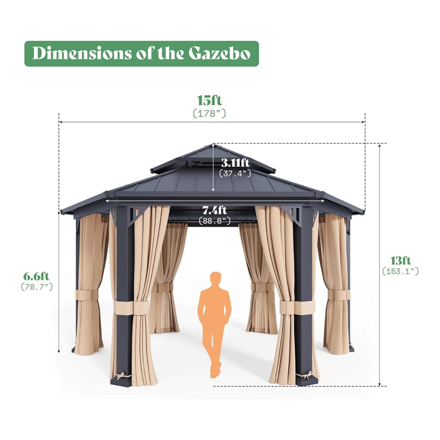 13' x 15' Hexagonal Hardtop Gazebo with Curtains and Mosquito Netting
