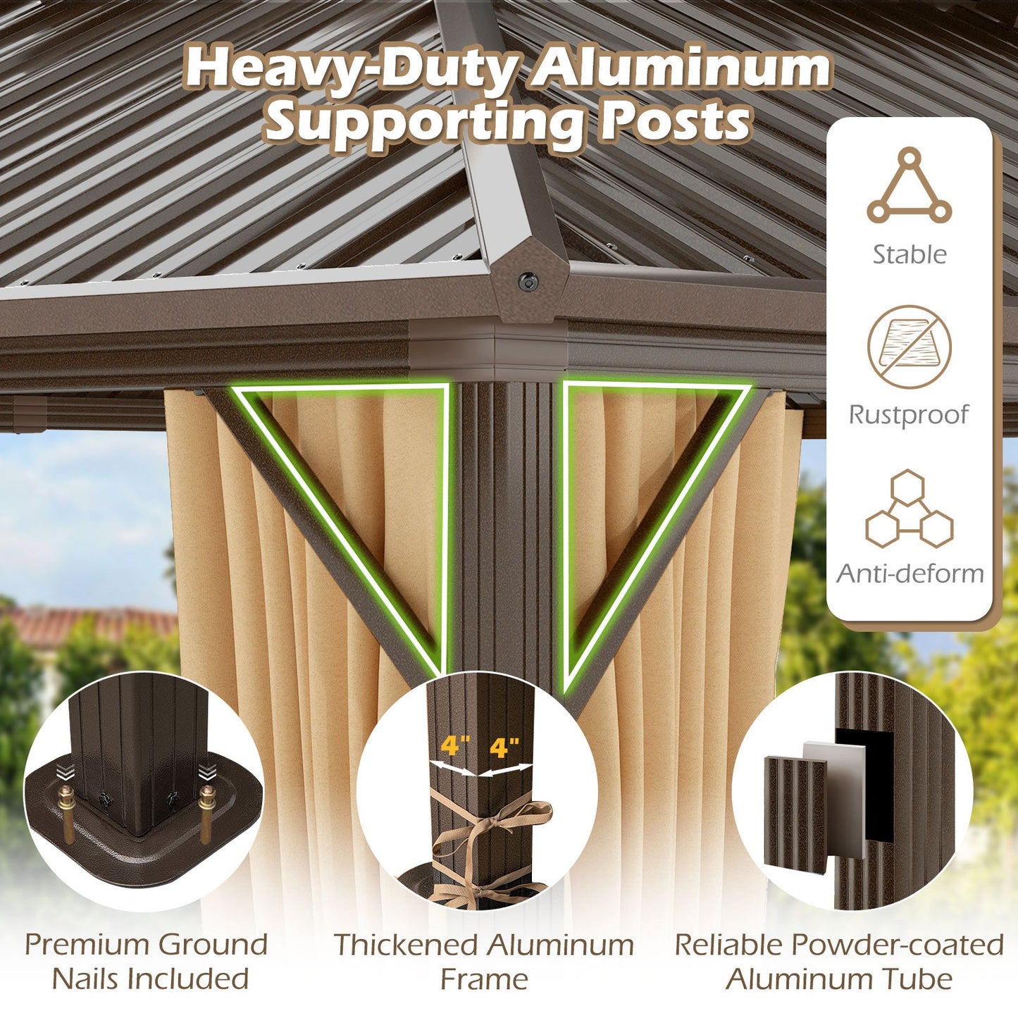 16' × 12' Outdoor Hardtop Gazebo with Double Metal Roof, Curtains and Mesh Netting