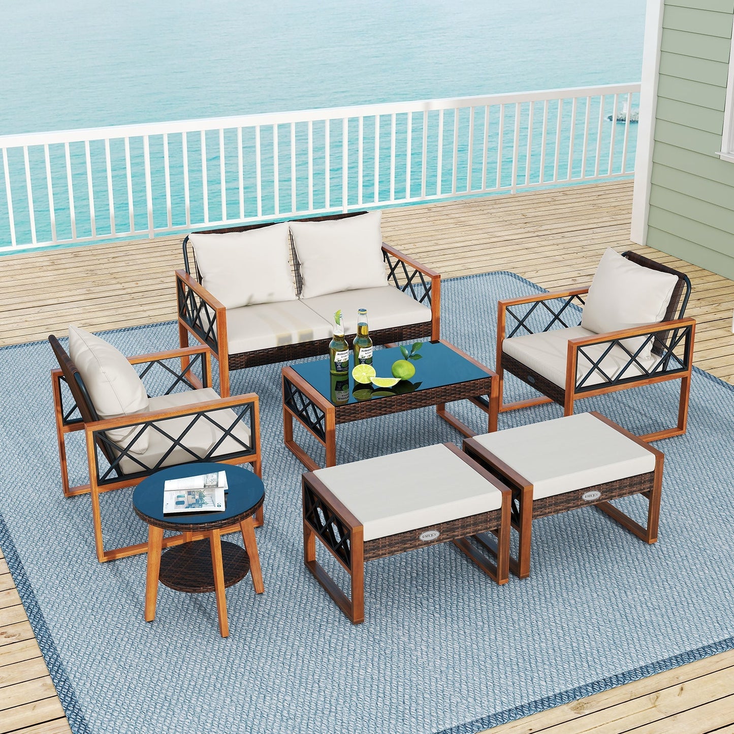 7-Piece Outdoor PE Rattan Patio Furniture Set with Ottomans and Tempered Glass Tables