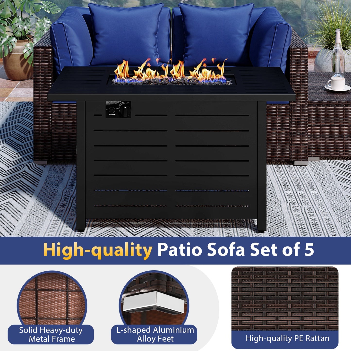 5-Piece Outdoor PE Rattan Patio Furniture Set with 60,000 BTU Fire Pit Table and Ottoman