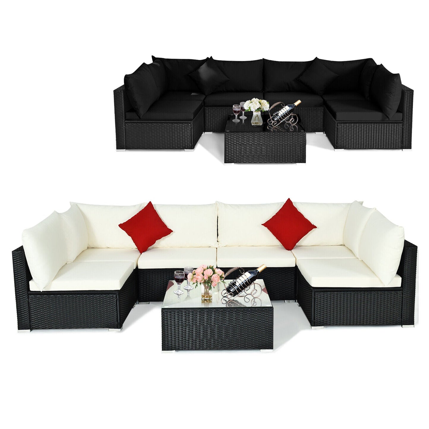 7 Pieces Sectional Wicker Furniture Sofa Set with Tempered Glass Top