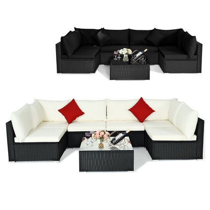 7 Pieces Sectional Wicker Furniture Sofa Set with Tempered Glass Top