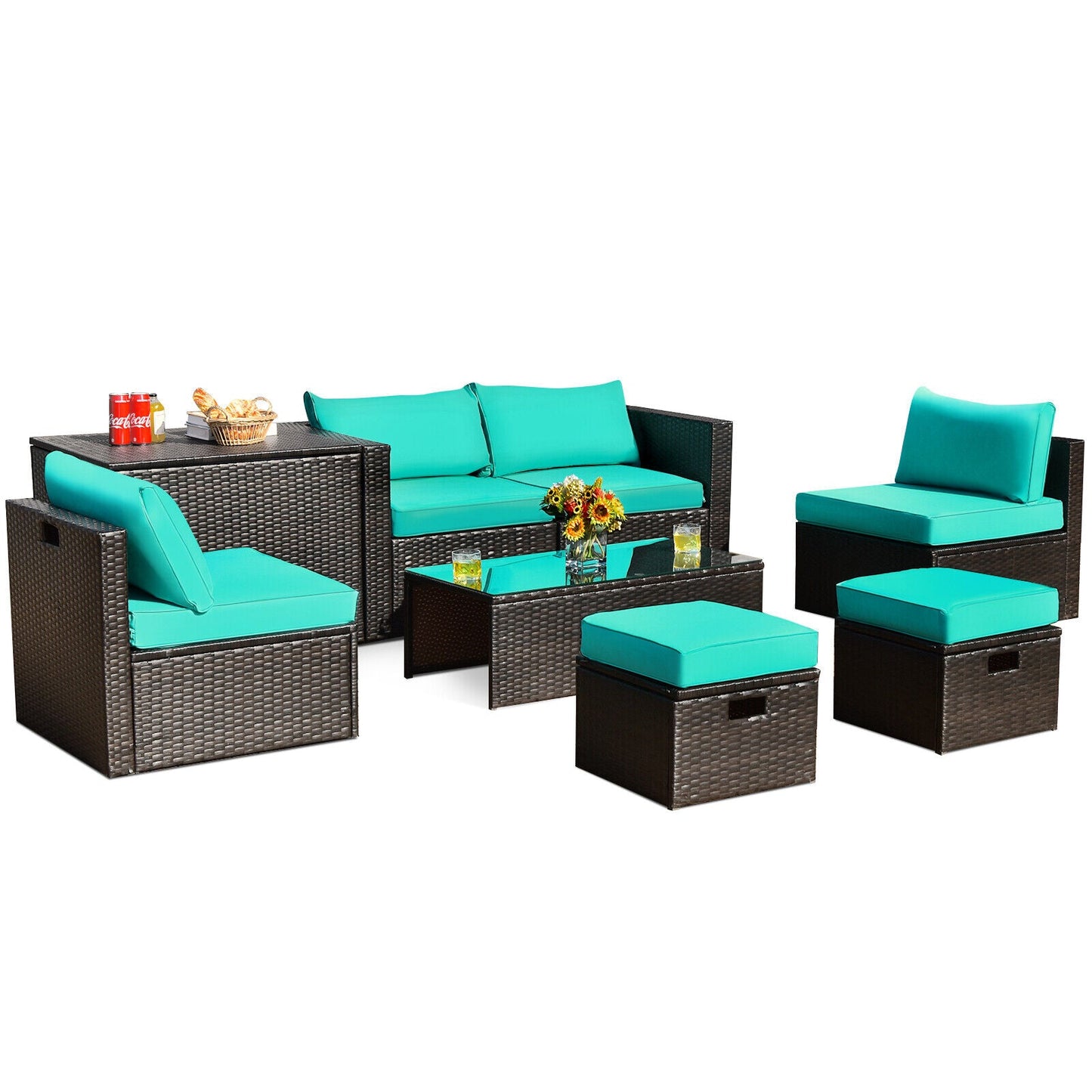 8-Piece Outdoor PE Rattan Patio Furniture Set with Storage Coffee Table and Waterproof Cover