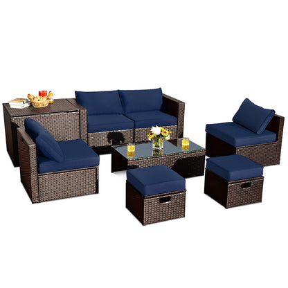 8-Piece Outdoor PE Rattan Patio Furniture Set with Storage Coffee Table and Waterproof Cover
