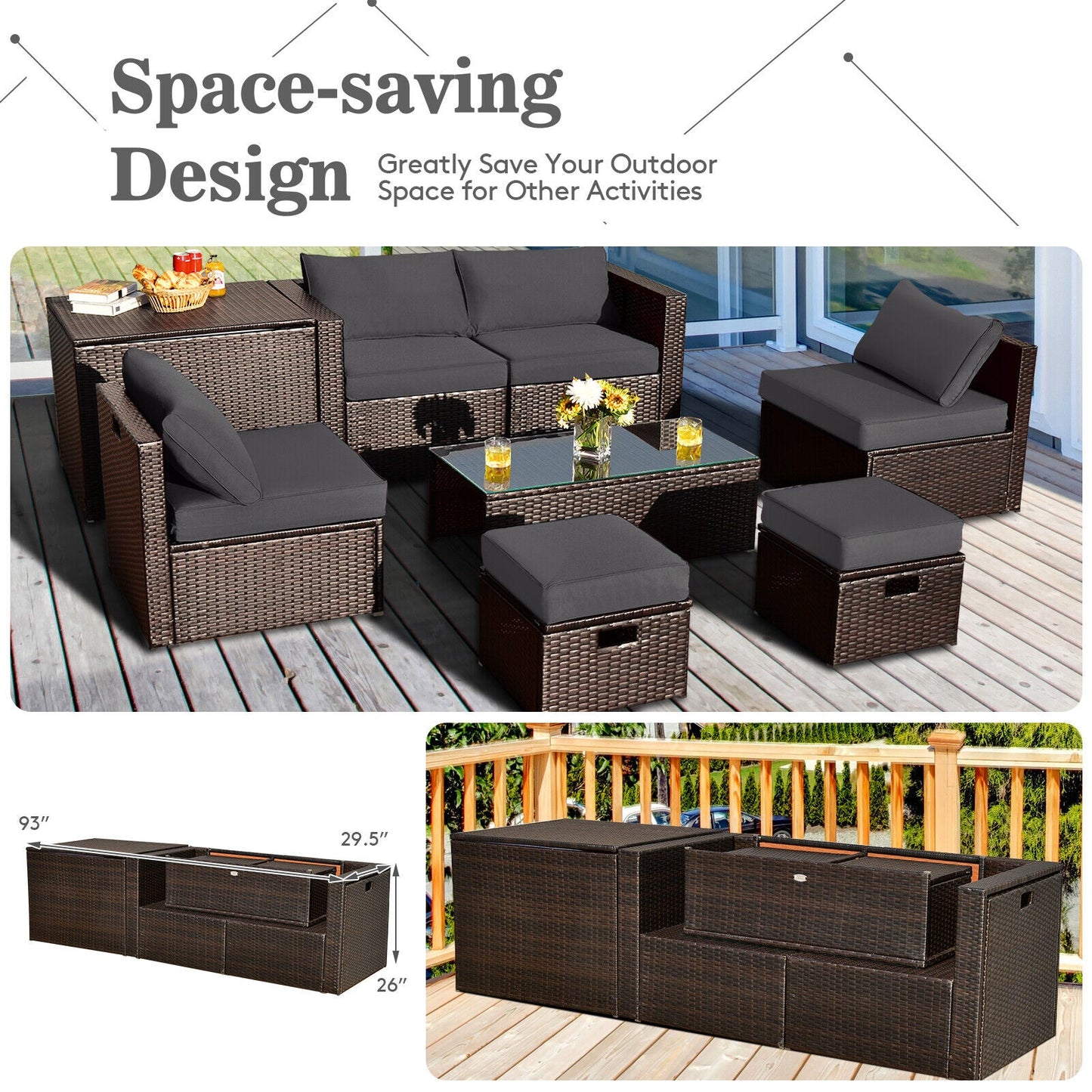 8-Piece Outdoor PE Rattan Patio Furniture Set with Storage Coffee Table and Waterproof Cover