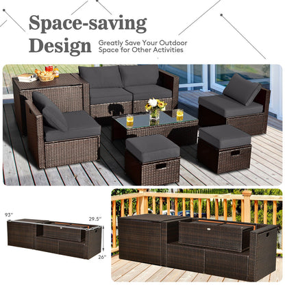 8-Piece Outdoor PE Rattan Patio Furniture Set with Storage Coffee Table and Waterproof Cover