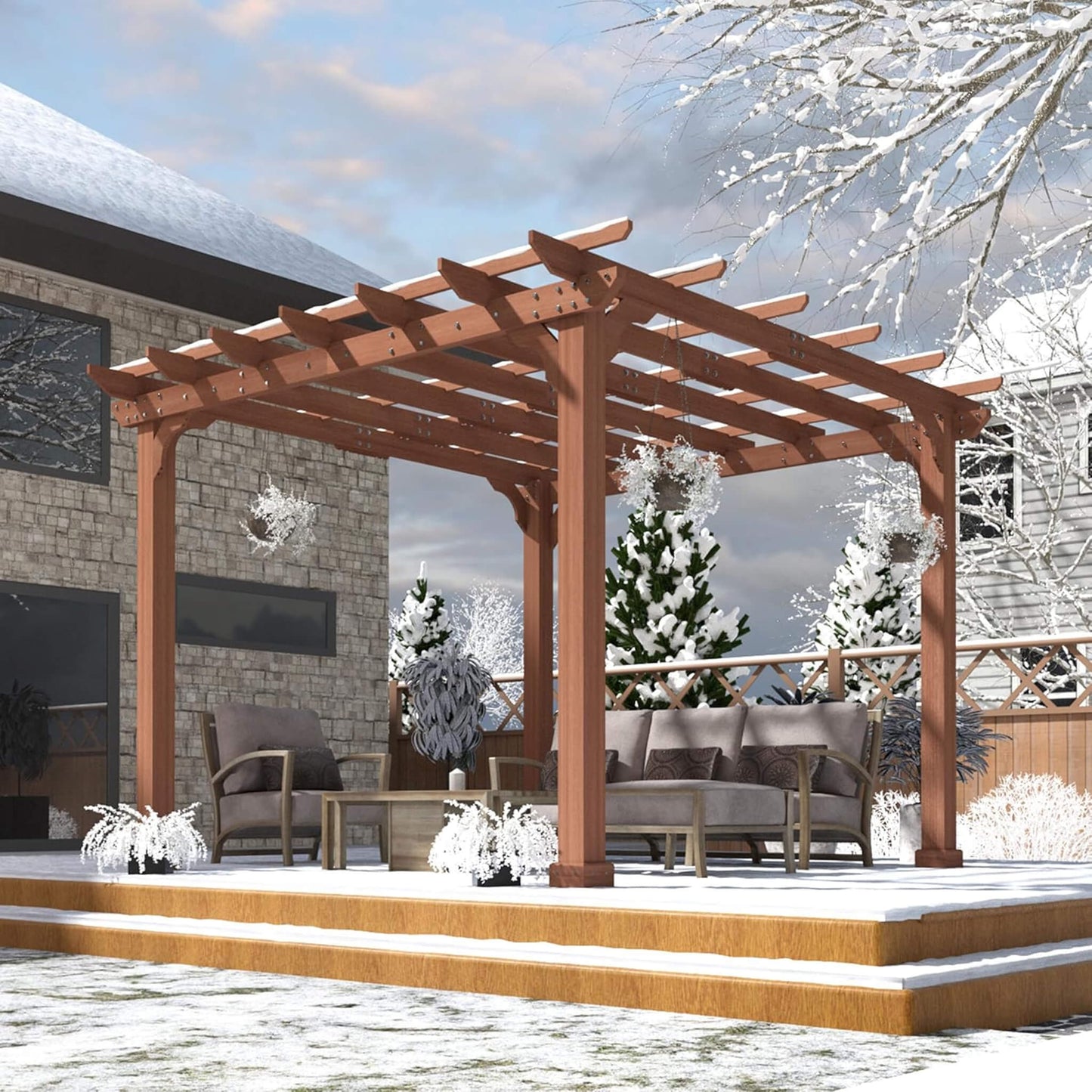 Alora Outdoor Cedar Wood Patio Pergola With Slatted Trellis Roof
