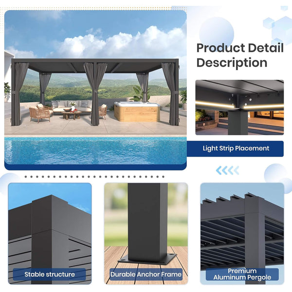 20' x 10' Premium Aluminum Louvered Pergola with Curtains and Netting