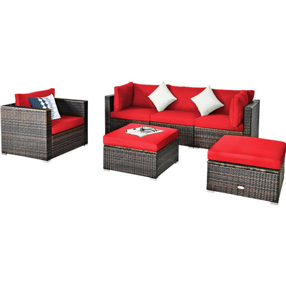 6-Piece Outdoor Rattan Sectional Furniture Set with Cushions and Convertible Ottoman Table