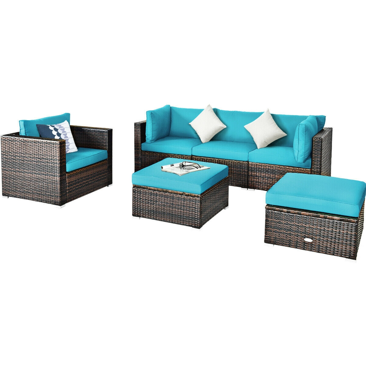 6-Piece Outdoor Rattan Sectional Furniture Set with Cushions and Convertible Ottoman Table