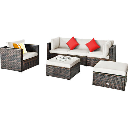 6-Piece Outdoor Rattan Sectional Furniture Set with Cushions and Convertible Ottoman Table