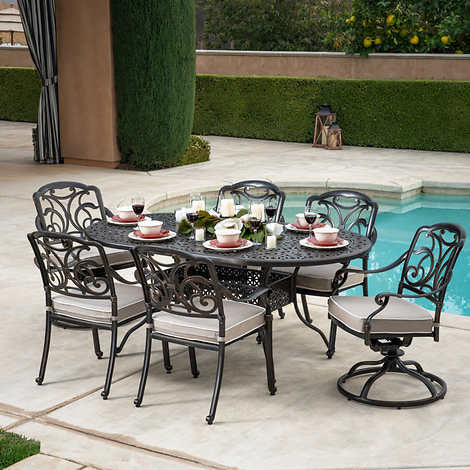 Outdoor Bronze Aluminum Dining Set with Swivel Chairs - 6 - Seater Patio Table Set