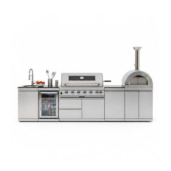 Blazon 128-Inch 6-Burner 120K BTU Outdoor Kitchen Island With Pizza Oven, Rotisserie & Refrigerator