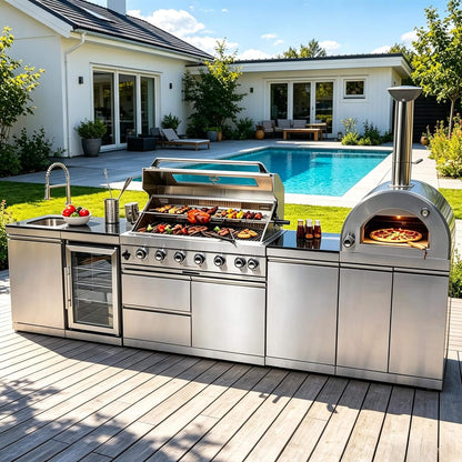 Blazon 128-Inch 6-Burner 120K BTU Outdoor Kitchen Island With Pizza Oven, Rotisserie & Refrigerator
