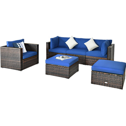 6-Piece Outdoor Rattan Sectional Furniture Set with Cushions and Convertible Ottoman Table