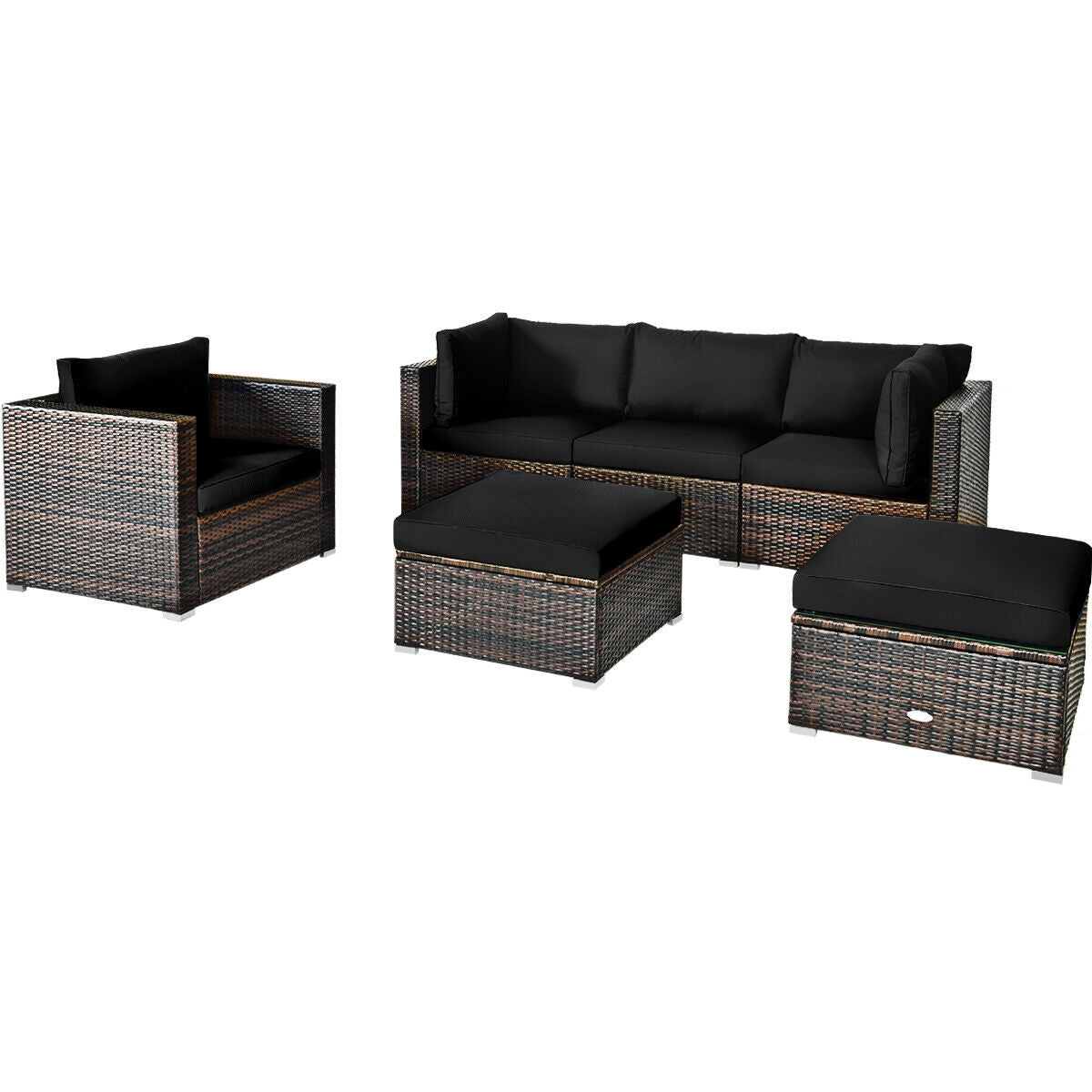 6-Piece Outdoor Rattan Sectional Furniture Set with Cushions and Convertible Ottoman Table