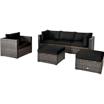 6-Piece Outdoor Rattan Sectional Furniture Set with Cushions and Convertible Ottoman Table
