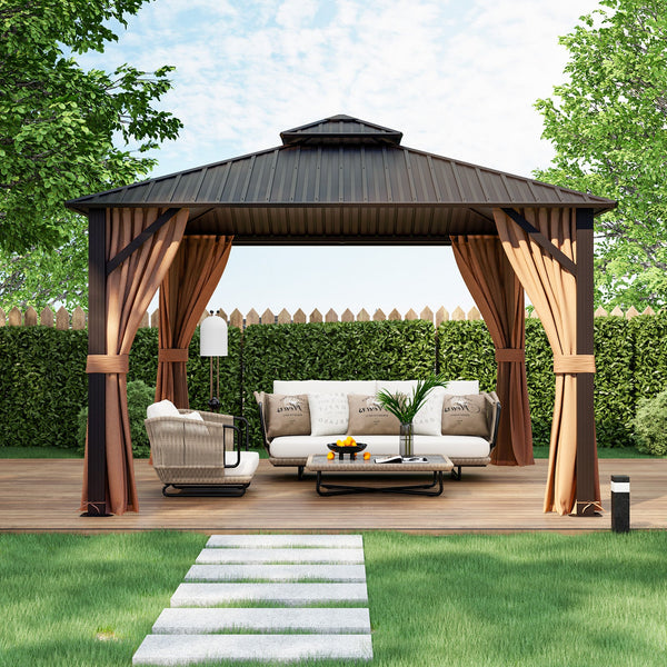 12' × 12' Outdoor Hardtop Gazebo with Double Galvanized Steel Roof, Curtains and Mesh Netting