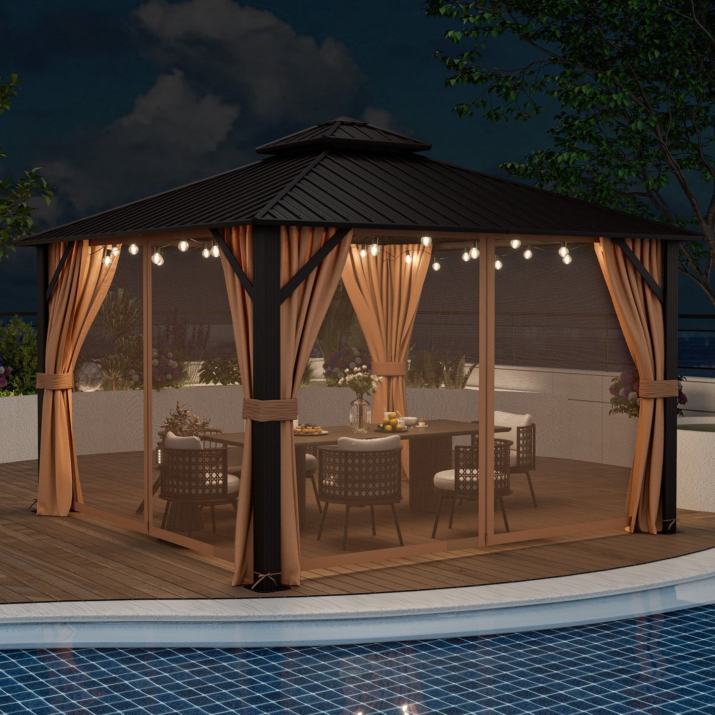 12' × 12' Outdoor Hardtop Gazebo with Double Galvanized Steel Roof, Curtains and Mesh Netting