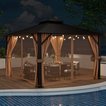 12' × 12' Outdoor Hardtop Gazebo with Double Galvanized Steel Roof, Curtains and Mesh Netting