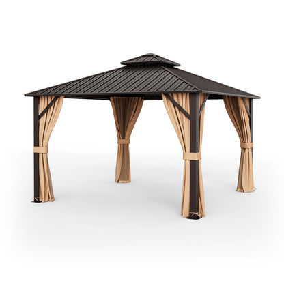 12' × 12' Outdoor Hardtop Gazebo with Double Galvanized Steel Roof, Curtains and Mesh Netting