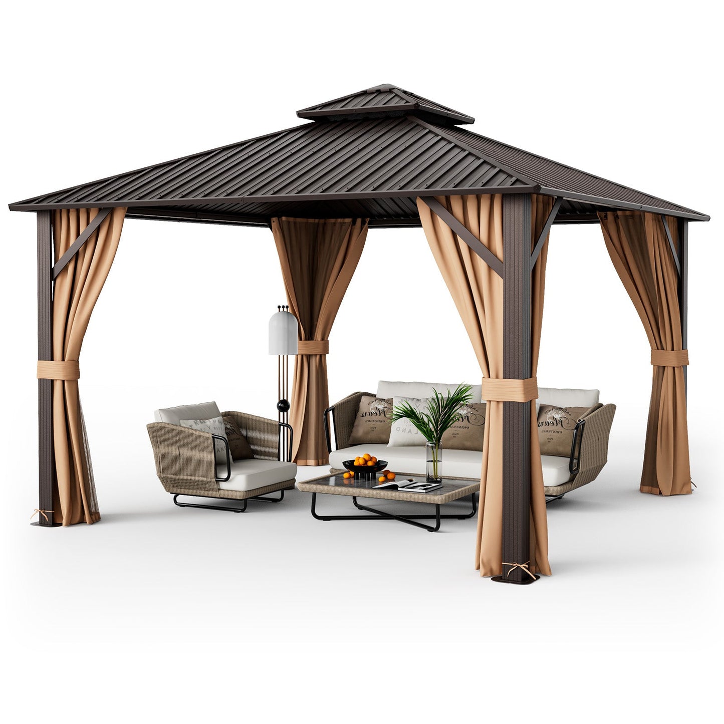 12' × 12' Outdoor Hardtop Gazebo with Double Galvanized Steel Roof, Curtains and Mesh Netting
