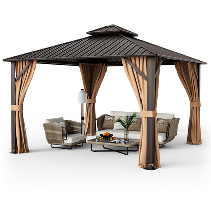12' × 12' Outdoor Hardtop Gazebo with Double Galvanized Steel Roof, Curtains and Mesh Netting