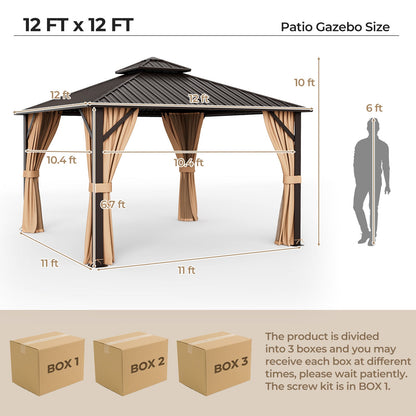 12' × 12' Outdoor Hardtop Gazebo with Double Galvanized Steel Roof, Curtains and Mesh Netting