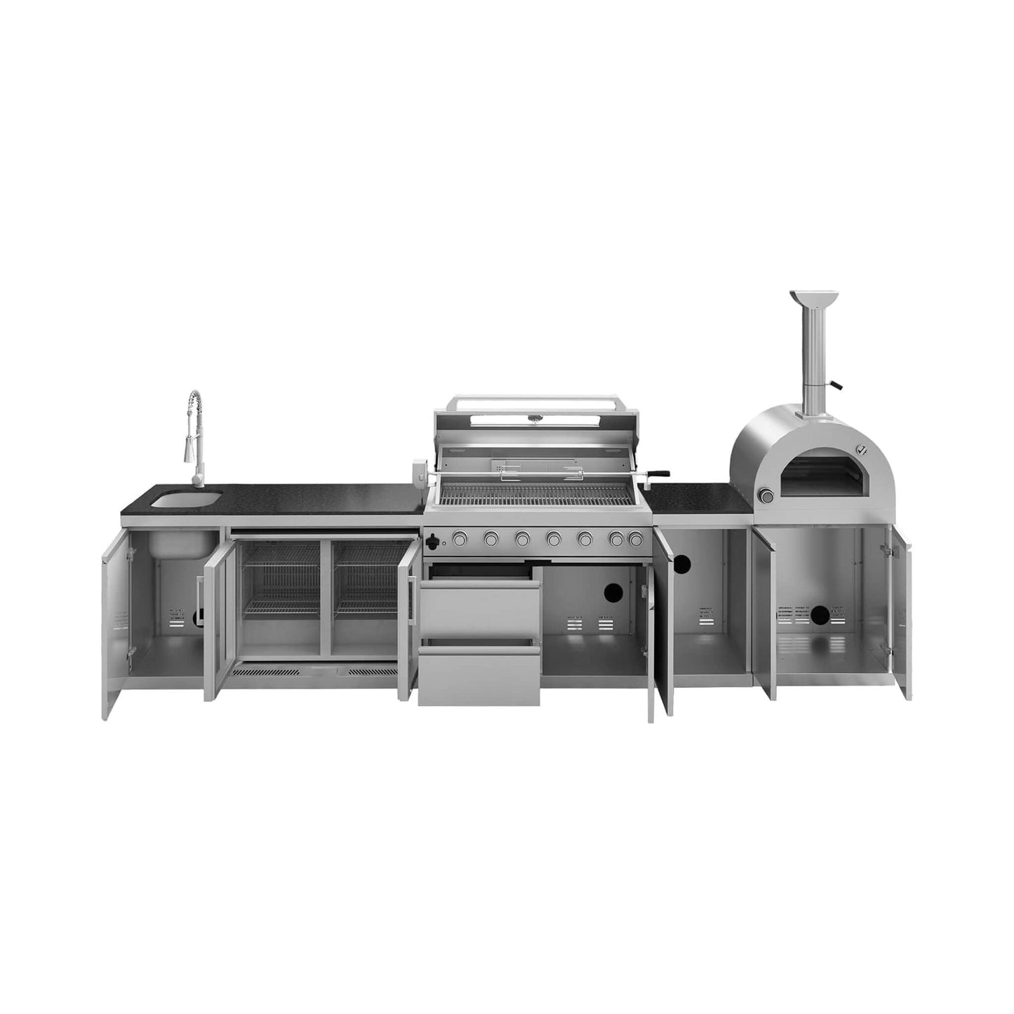 Blazon 147-Inch 6-Burner 120K BTU Outdoor Kitchen Island With Pizza Oven, Rotisserie & Refrigerator