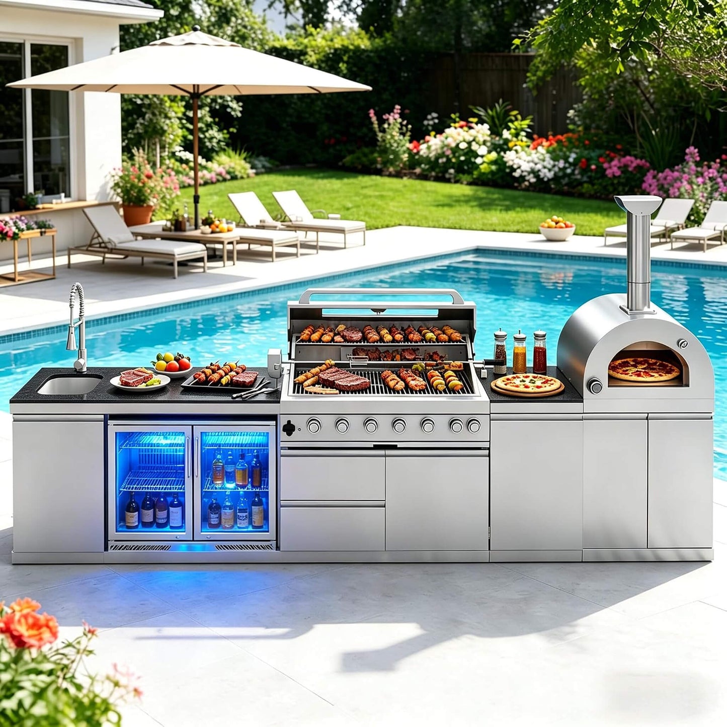 Blazon 147-Inch 6-Burner 120K BTU Outdoor Kitchen Island With Pizza Oven, Rotisserie & Refrigerator