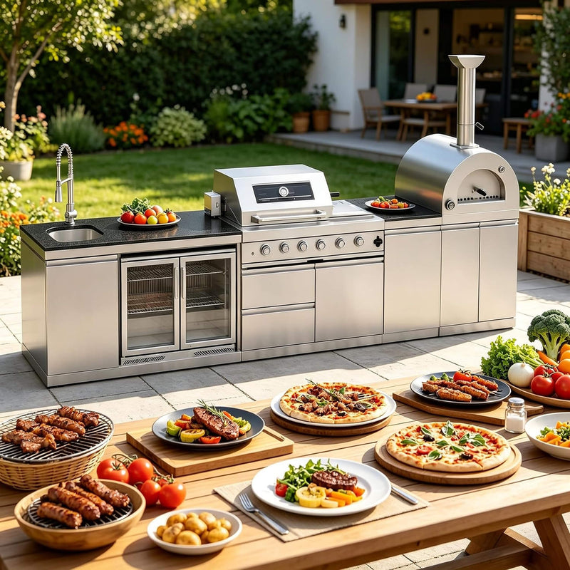 Blazon 150-Inch 4-Burner 108K BTU Outdoor Kitchen Island With Pizza Oven, Rotisserie & Refrigerator