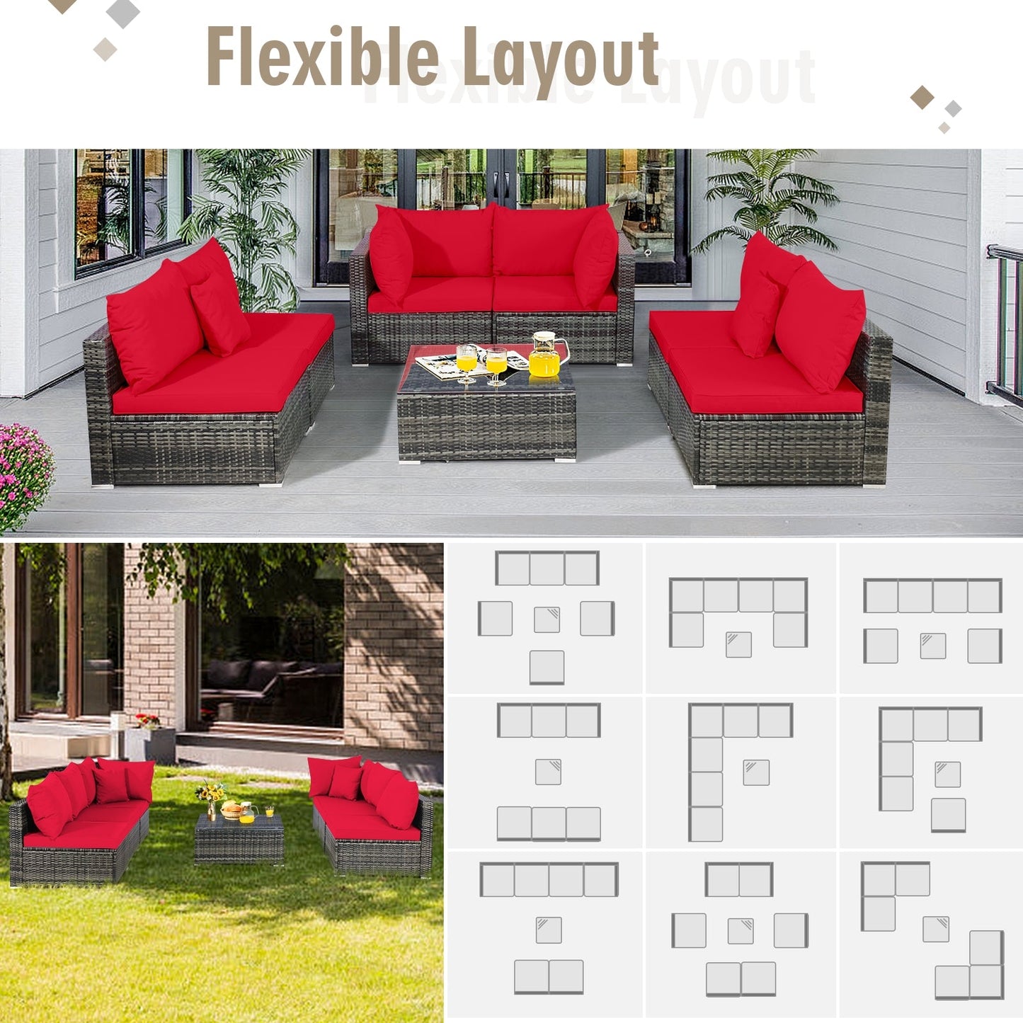7 Pieces Patio Rattan Furniture Set Sectional Sofa Garden Cushion