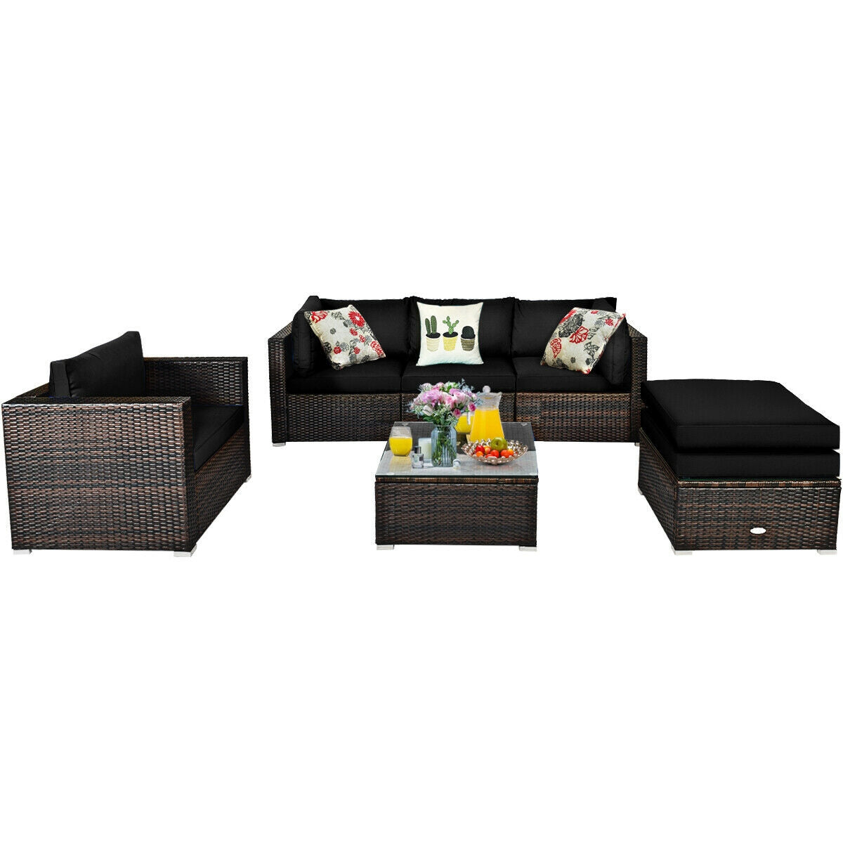 6-Piece Outdoor Rattan Sectional Furniture Set with Cushions and Convertible Ottoman Table