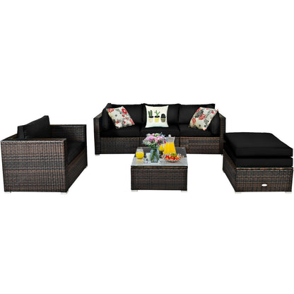 6-Piece Outdoor Rattan Sectional Furniture Set with Cushions and Convertible Ottoman Table