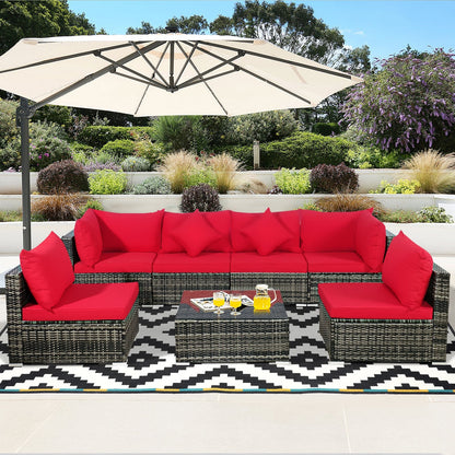 7 Pieces Patio Rattan Furniture Set Sectional Sofa Garden Cushion