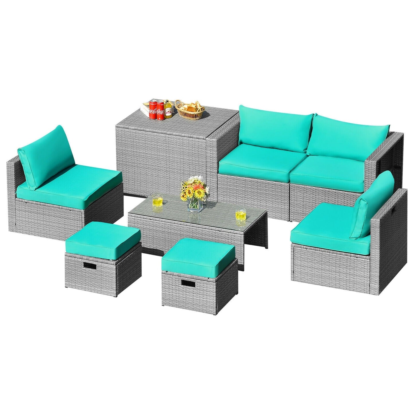 8 Pieces Patio Rattan Furniture Set with Storage Waterproof Cover and Cushion