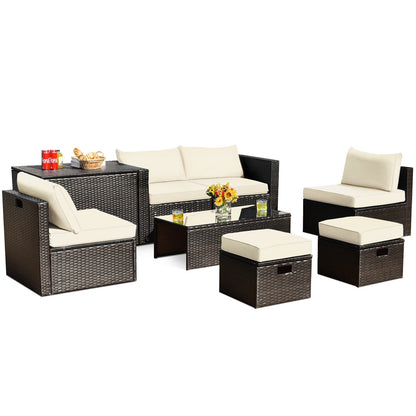 8-Piece Outdoor PE Rattan Patio Furniture Set with Storage Coffee Table and Waterproof Cover