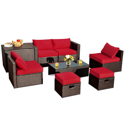 8-Piece Outdoor PE Rattan Patio Furniture Set with Storage Coffee Table and Waterproof Cover