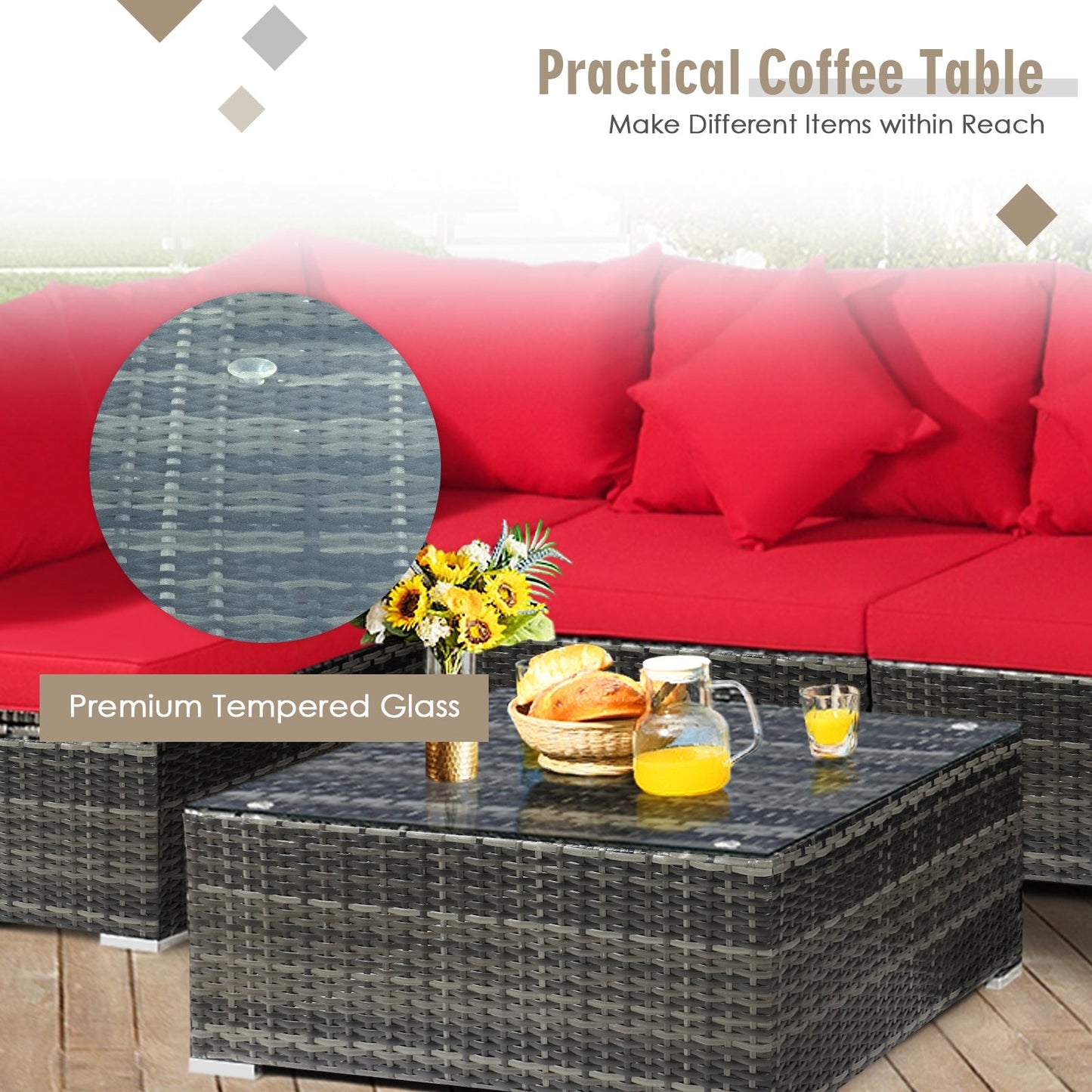 7 Pieces Patio Rattan Furniture Set Sectional Sofa Garden Cushion