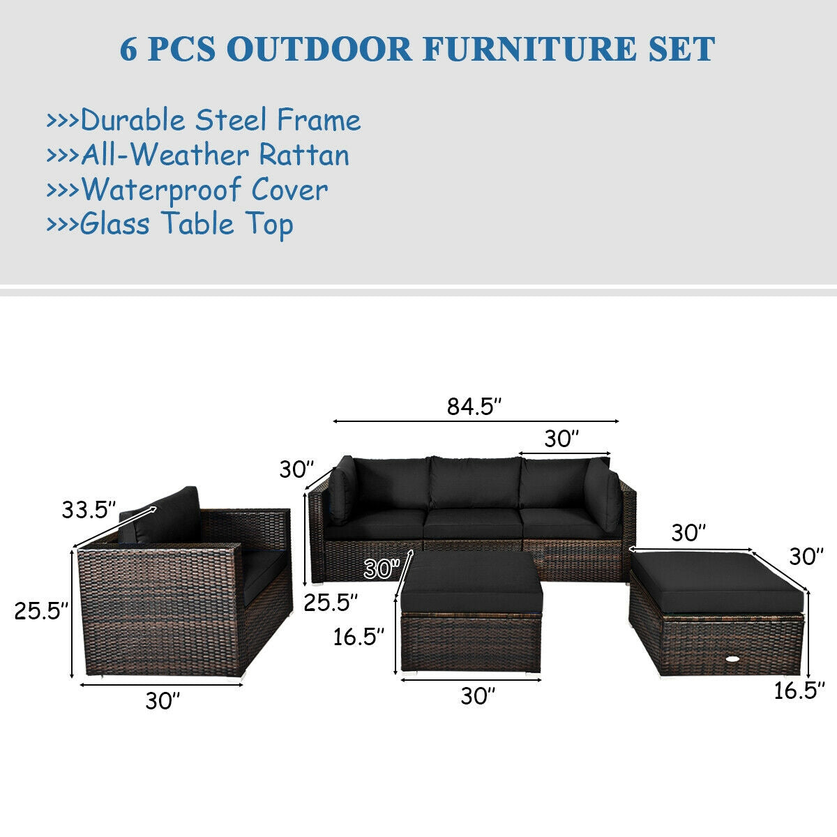 6-Piece Outdoor Rattan Sectional Furniture Set with Cushions and Convertible Ottoman Table