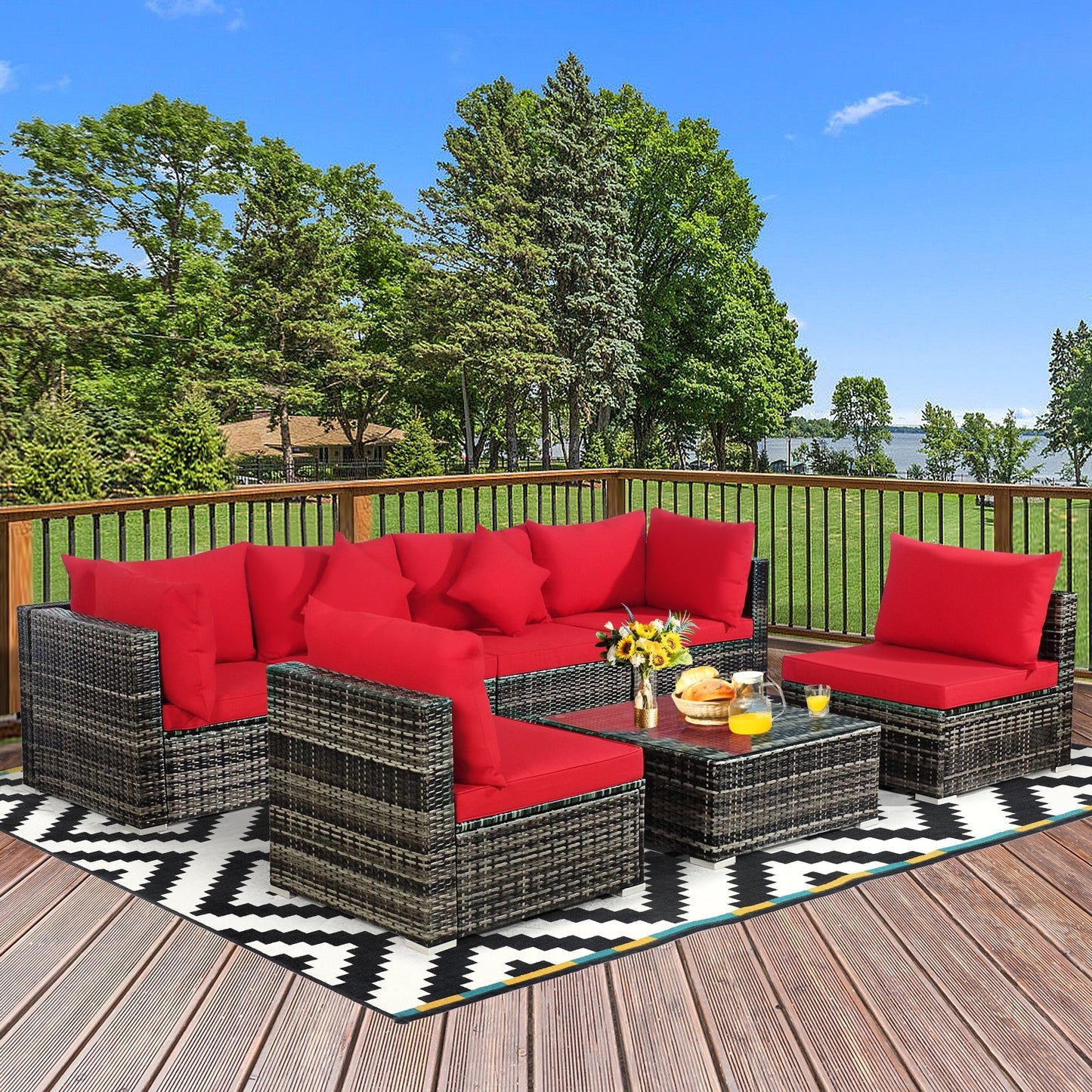 7 Pieces Patio Rattan Furniture Set Sectional Sofa Garden Cushion