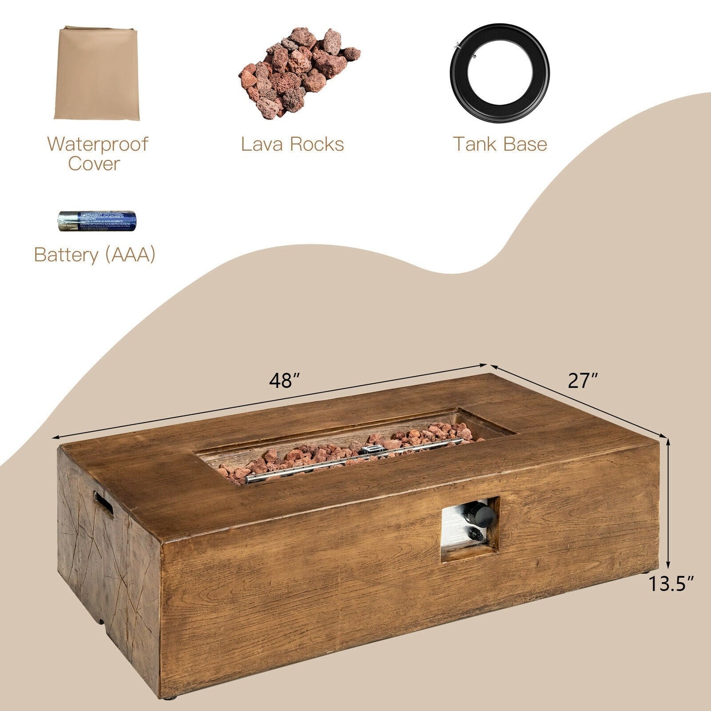 48" × 27" Outdoor Propane Gas Fire Pit Table with 50,000 BTU Burner and Protective Cover