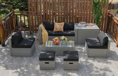 8 Pieces Patio Rattan Furniture Set with Storage Waterproof Cover and Cushion