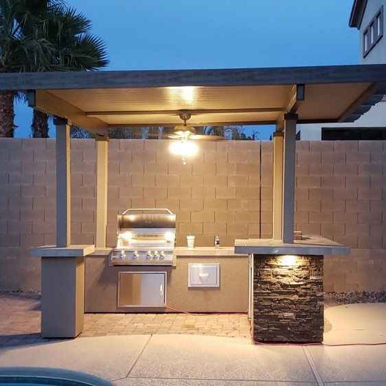 KoKoMo Outdoor Kitchen BBQ Island with 12' x 12' Pergola – Built-In 4-Burner Grill, Refrigerator, and Lighting