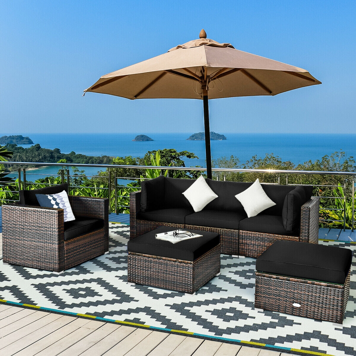 6-Piece Outdoor Rattan Sectional Furniture Set with Cushions and Convertible Ottoman Table