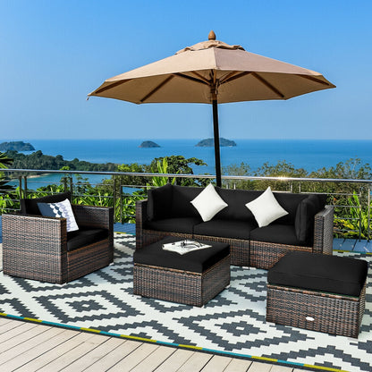 6-Piece Outdoor Rattan Sectional Furniture Set with Cushions and Convertible Ottoman Table